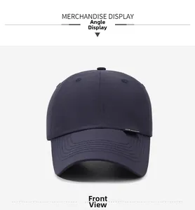 Front view of a navy blue quick-dry running cap featuring a structured curved brim and logo