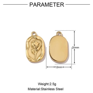 Detail of gold stainless steel oval rose pendant with 20mm height and 2.5g weight info