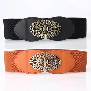 Women's Vintage Wide Elastic Corset Belt With Hollow Carved Alloy Interlocking Buckle PU Leather Waist Band For Dresses