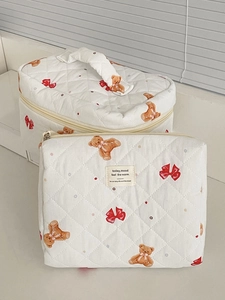 Quilted white cosmetic bags set with cute brown bear and red bow patterns and top handle