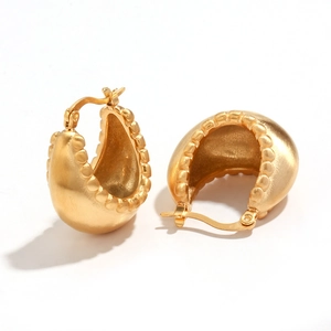 Matte gold drop earrings with textured finish and beaded edges in 18K plated stainless steel