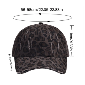 Y2K leopard print washed baseball cap with distressed details and size measurements