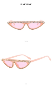 Detailed front and side views of pink cat eye sunglasses with rhinestone frame