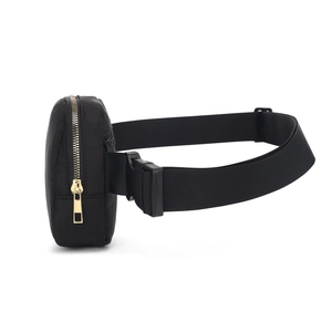 Side view of black waterproof nylon belt bag featuring premium gold metal zipper detail