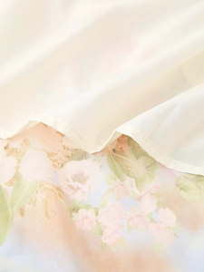 Close-up of floral print fabric with lace trim and cream lining on a summer dress