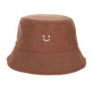 Bob en velours côtelé marron avec broderie smiley blanc et bord large surpiqué