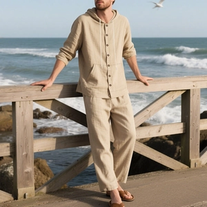 Outdoor shot of men's beige linen hooded shirt and pants set on a seaside boardwalk