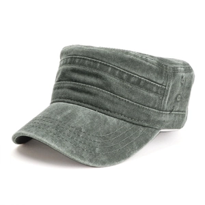 Detail of vintage army green cadet hat with washed finish and metallic air vents