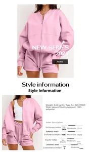 Detail of pink leisure lounge set showing 100 percent polyester fabric and 0.6kg weight