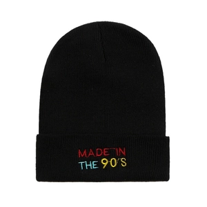 Black knit beanie with colorful MADE IN THE 90'S embroidery on a white background