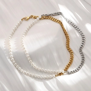 Collier Et Bracelet En Acier Titane Et Künstliche Perles De Coquillage Design Épissé Chaîne Gourmette Bijoux Élégants Pour Femmes