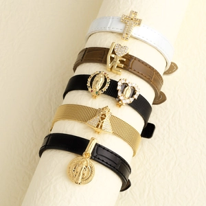 Religiöses Charm Armband Vergoldetes Kupfer Zirkon Kreuz Jungfrau Maria Heiliger Benedikt DIY Mesh Lederband Schmuck