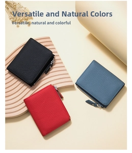 Cartera RFID delgada de cuero granulado en colores negro, rojo y azul cielo con cremallera