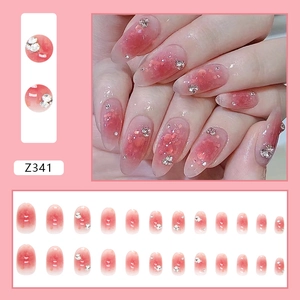 Pink gradient press-on nails set Z341 with 3D rhinestones and pearls detailing