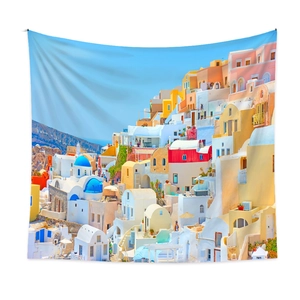 Detailed high-definition print of Santorini blue dome church on fabric wall tapestry