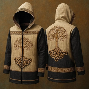 Detail of hooded jacket featuring Tree of Life embroidery and two-tone vintage patchwork