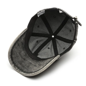 Inside view of washed cotton denim baseball cap with sweatband and quality stitching