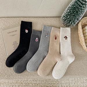 Chaussettes De Noël Brodées Côtelées Coton Mi-Mollet Hiver Chaud Fête Père Noël Bonhomme De Neige Femmes