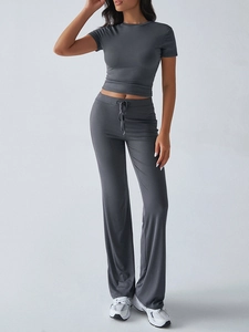 Detail view of gray short-sleeve T-shirt and drawstring leisure pants two-piece set