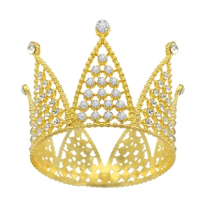 Elegant gold alloy cake topper crown with sparkling rhinestones and hollow heart patterns