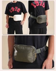 Detailed comparison of white and green nylon belt bags with adjustable straps