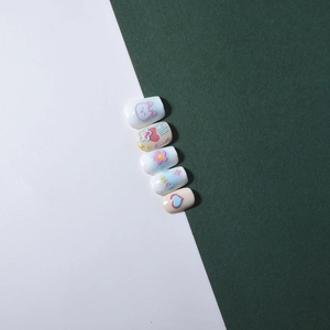 3D cartoon rabbit and flower embossed nail stickers in soft blue and white gradient