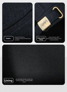 Detail of adjustable metal buckle, breathable mesh lining and stitching on navy cap