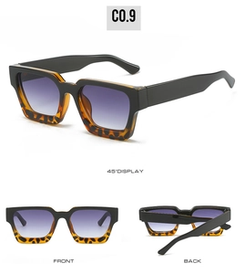 Detailed views of black and tortoise shell square sunglasses with purple gradient lenses