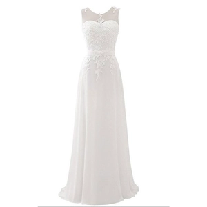 Elegant white sleeveless lace and chiffon evening dress with round neck and beaded details