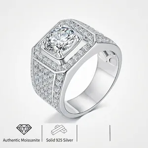 Moissanite Ring For Men Luxury S925 Sterling Silver Round Brilliant Cut Micro Pave Wide Band Exquisite Party Accessory