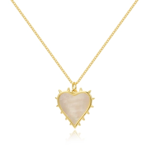 Gold heart pendant necklace with spiked edges and white mother-of-pearl inlay