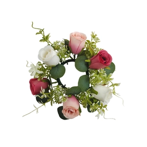 Artificial rose candle ring wreath with red pink white flowers for festive table decor