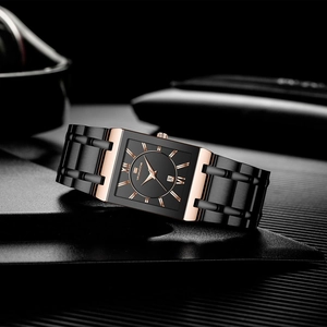 Rectangle men's quartz watch with black dial and rose gold accents on stainless steel band