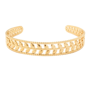 Detailed close-up of C-shaped stainless steel olive leaf cuff bracelet in gold finish