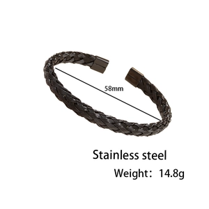 Men's minimalist black woven twisted cuff bracelet in stainless steel, 58mm diameter