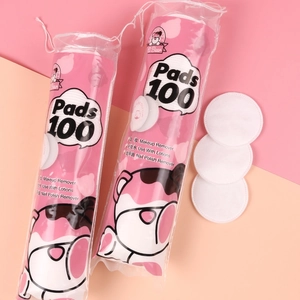 100pcs pack of round soft cotton pads for makeup removal and skincare in pink packaging