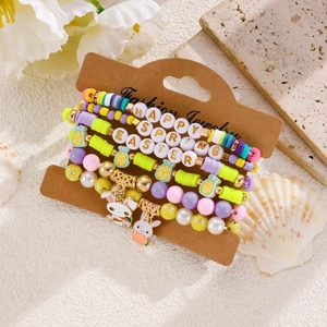 Detail of Easter beaded bracelet set with bunny charms and Happy Spring letters