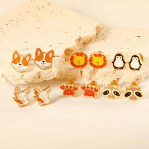 Cartoon Animal Stud Earrings For Kids Women Stainless Steel Gold Plated Enamel Screw Back Safety Jewelry