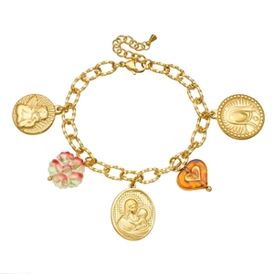 Gold plated bracelet with angel coin, mother and child medal and vintage heart charms