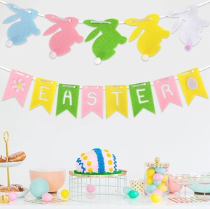 Detail view of Easter felt banners featuring bunny shapes and colorful EASTER lettering