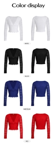 Color display of lace V-neck long sleeve crop tops in white, black, navy blue and red
