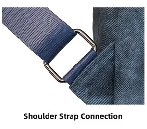 Detail of reinforced shoulder strap connection with gunmetal hardware on navy backpack