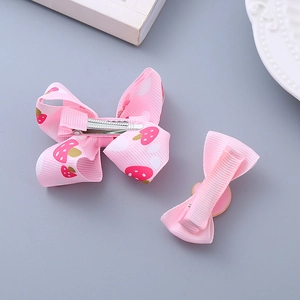 Pink handmade strawberry bow hair clips set for little girls with alligator and duckbill grips