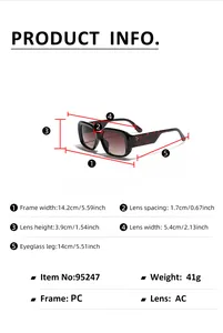 Detailed size chart for square sunglasses showing frame width lens height and PC material info