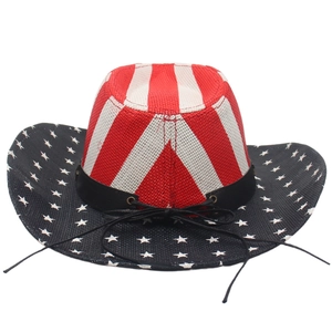 Detail of woven cowboy hat featuring US flag stripes and stars with black cord