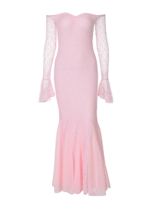 Pink lace off-shoulder floor-length evening gown with trumpet sleeves and fishtail hemline