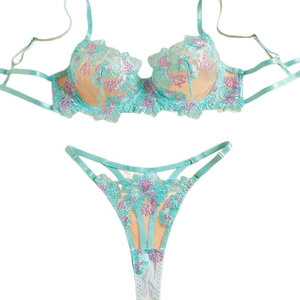 Lace embroidered mint green lingerie set with purple floral pattern and mesh fabric