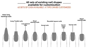 Detailed guide of ten different press-on nail shapes from extra long drop to short round