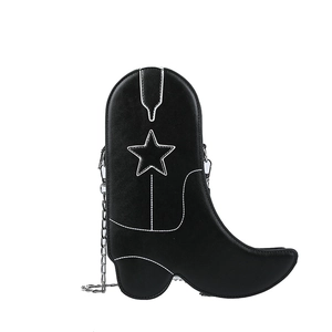 Unique black cowboy boot shaped crossbody bag with contrast stitching and star detail