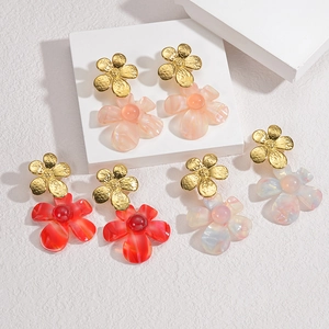 Stainless Steel Flower Stud Earrings For Women Double Layer Floral Petal Fashion OL Style Elegant Jewelry Gold Earrings